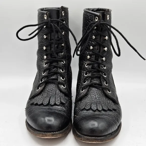 Justin 90s L522 Bullhide Western Lacer Boots  Size 6.5 D Pebbled Black Leather