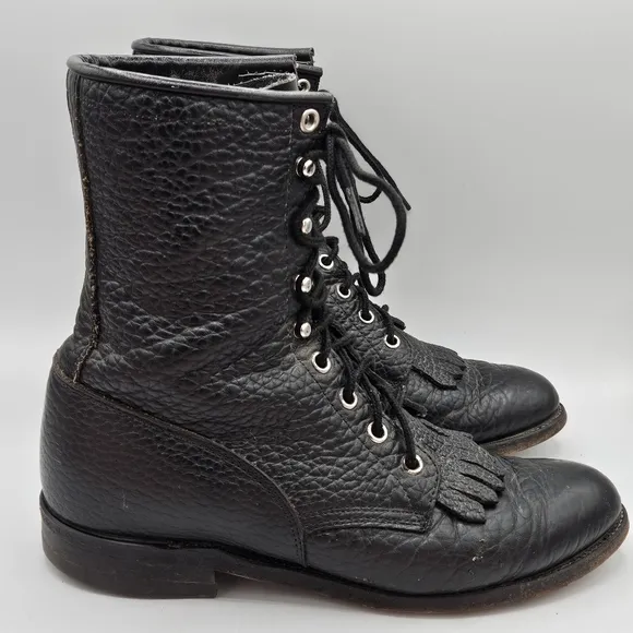 Justin 90s L522 Bullhide Western Lacer Boots  Size 6.5 D Pebbled Black Leather