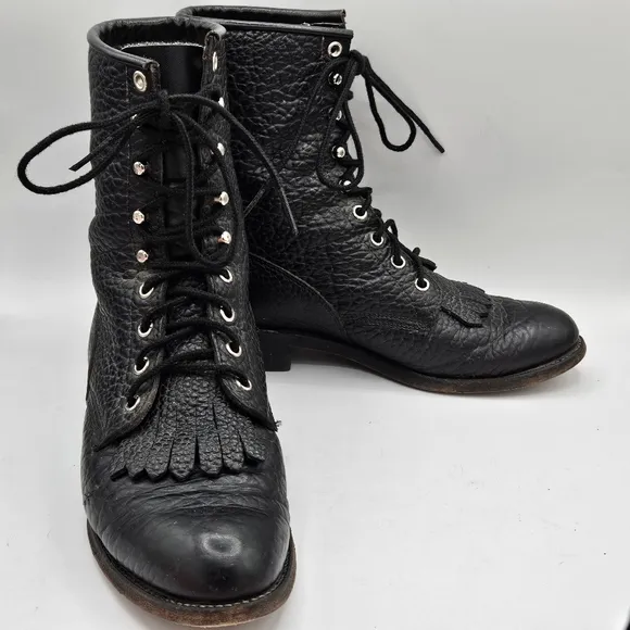Justin 90s L522 Bullhide Western Lacer Boots  Size 6.5 D Pebbled Black Leather
