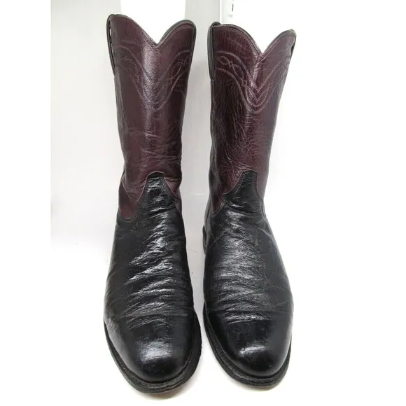 Justin Boots J2198 Vintage Burgundy And Black Smooth Ostrich Boots Size US 8 B