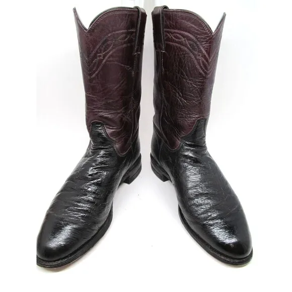Justin Boots J2198 Vintage Burgundy And Black Smooth Ostrich Boots Size US 8 B