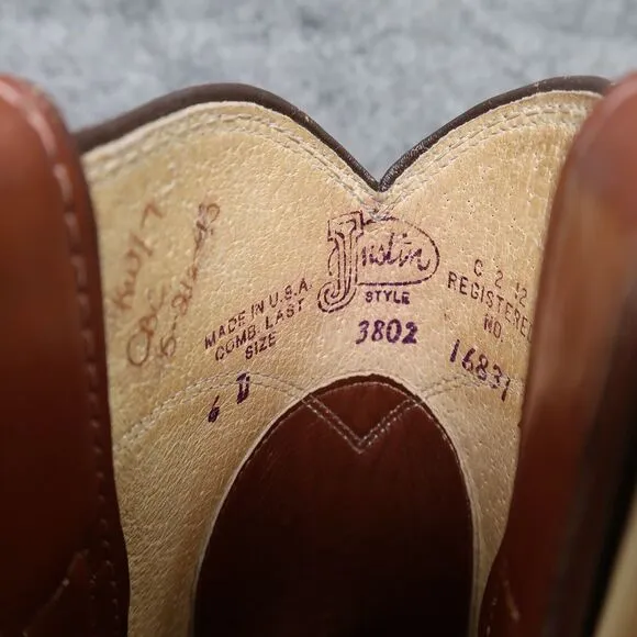 Justin Boots Mens 6 Western Roper Cowboy Leather Brown Round Toe Vintage 1993