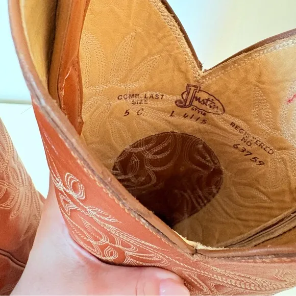 Justin Boots Vintage Burnt Orange Leather Cowboy Boots Cowgirl Boots