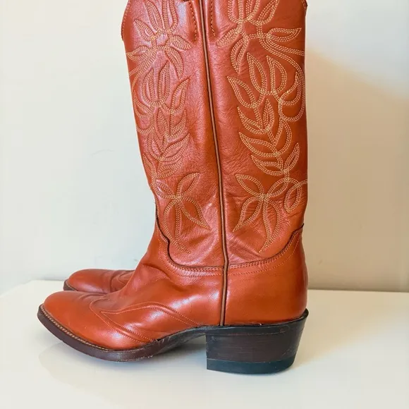Justin Boots Vintage Burnt Orange Leather Cowboy Boots Cowgirl Boots