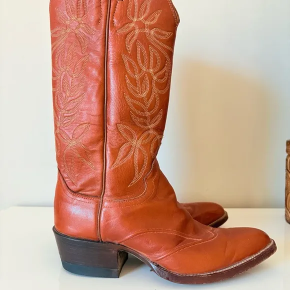 Justin Boots Vintage Burnt Orange Leather Cowboy Boots Cowgirl Boots