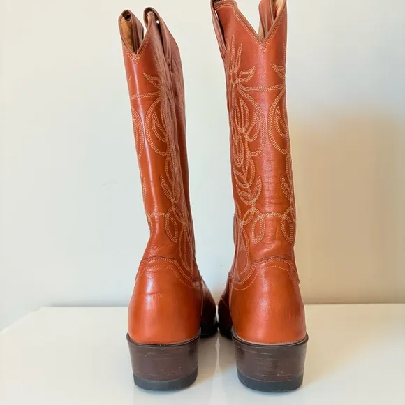 Justin Boots Vintage Burnt Orange Leather Cowboy Boots Cowgirl Boots