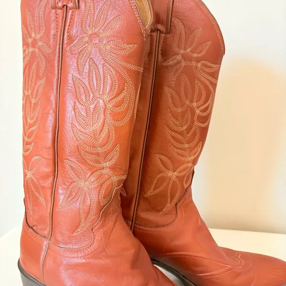Justin Boots Vintage Burnt Orange Leather Cowboy Boots Cowgirl Boots