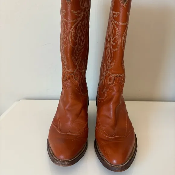 Justin Boots Vintage Burnt Orange Leather Cowboy Boots Cowgirl Boots