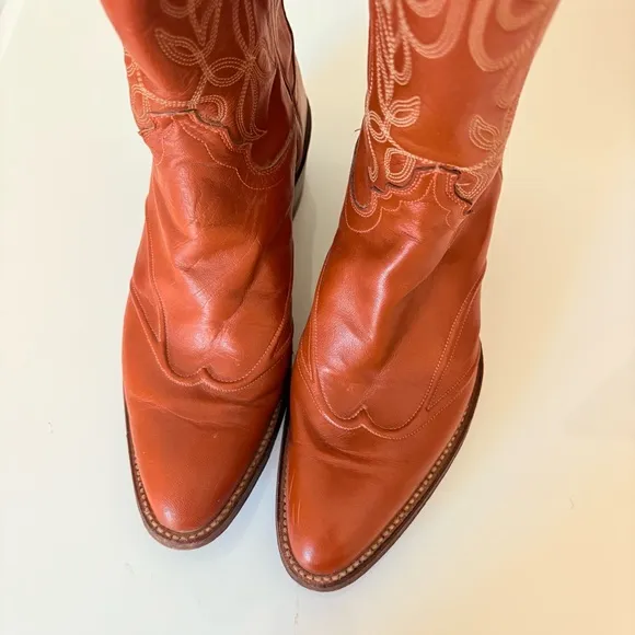 Justin Boots Vintage Burnt Orange Leather Cowboy Boots Cowgirl Boots