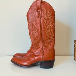 Justin Boots Vintage Burnt Orange Leather Cowboy Boots Cowgirl Boots