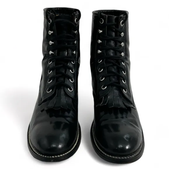Justin Junior Black Kiltie Roper Lace Up Boots Cowgirl Girls Western Vintage