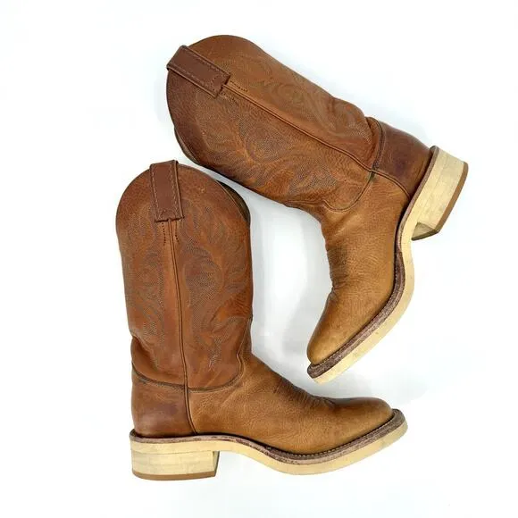 Justin USA Caramel Brown Leather Western Cowboy Boots Mens Size 7B Vintage