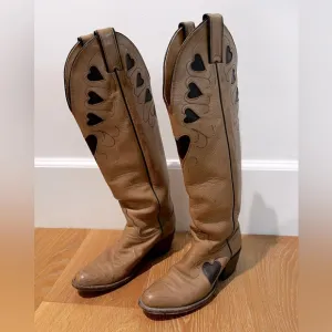 Justin vintage leather cowgirl boots, tan with heart inlay, made in USA size 5