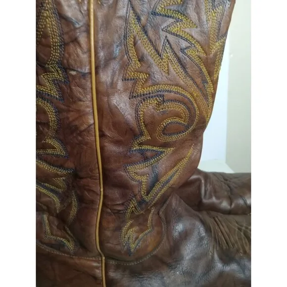Justin Vintage marbled Brown Leather Boots With Embroidered Sides Size 11EE