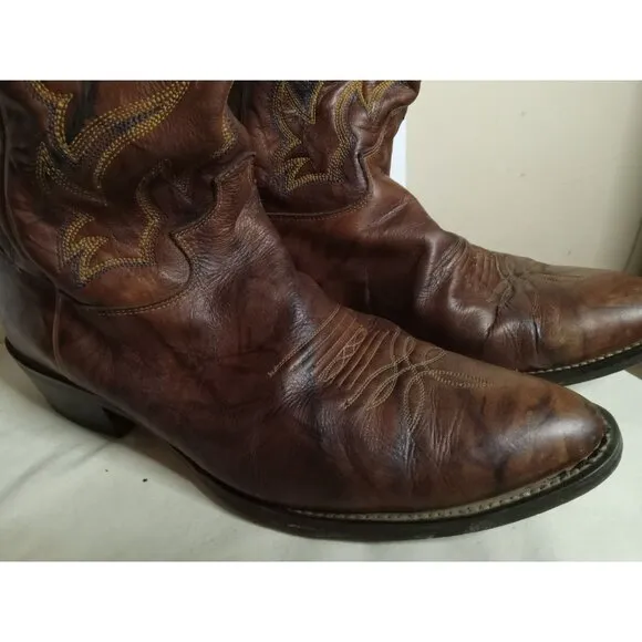 Justin Vintage marbled Brown Leather Boots With Embroidered Sides Size 11EE