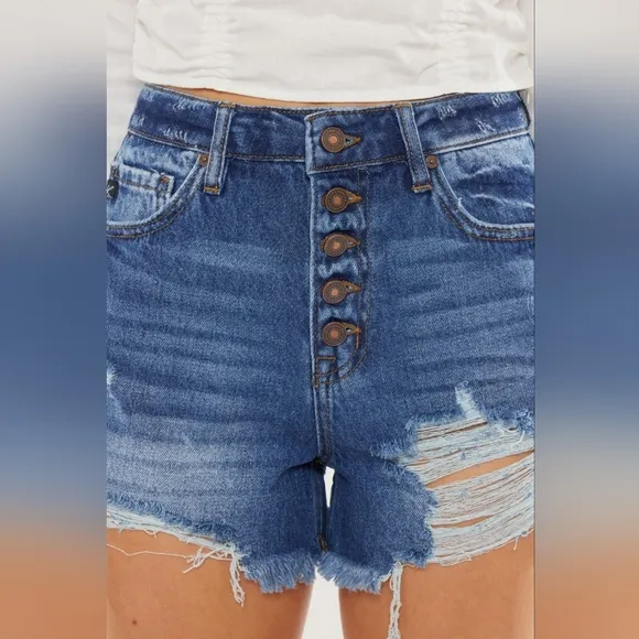 KanCan Button Fly Distressed High-Rise Frayed Denim Cut-Off Cotton Jean Shorts