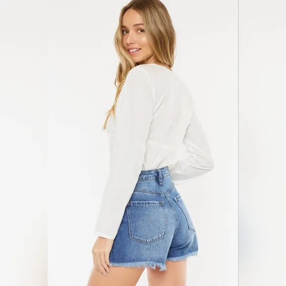 KanCan Button Fly Distressed High-Rise Frayed Denim Cut-Off Cotton Jean Shorts