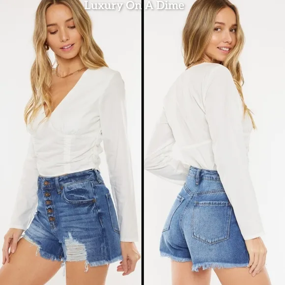KanCan Button Fly Distressed High-Rise Frayed Denim Cut-Off Cotton Jean Shorts