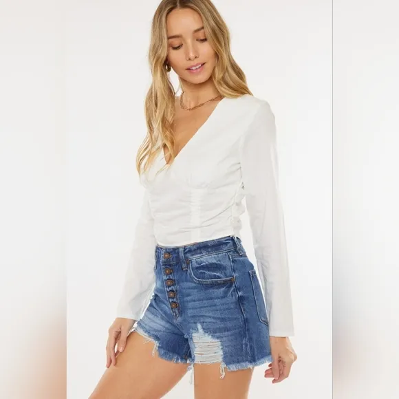 KanCan Button Fly Distressed High-Rise Frayed Denim Cut-Off Cotton Jean Shorts