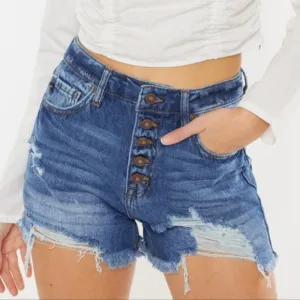 KanCan Button Fly Distressed High-Rise Frayed Denim Cut-Off Cotton Jean Shorts