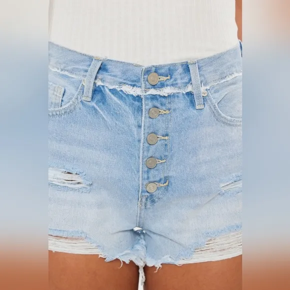 KanCan Button Fly High Rise Distressed Frayed Torn Denim Cut-Off Jean Shorts