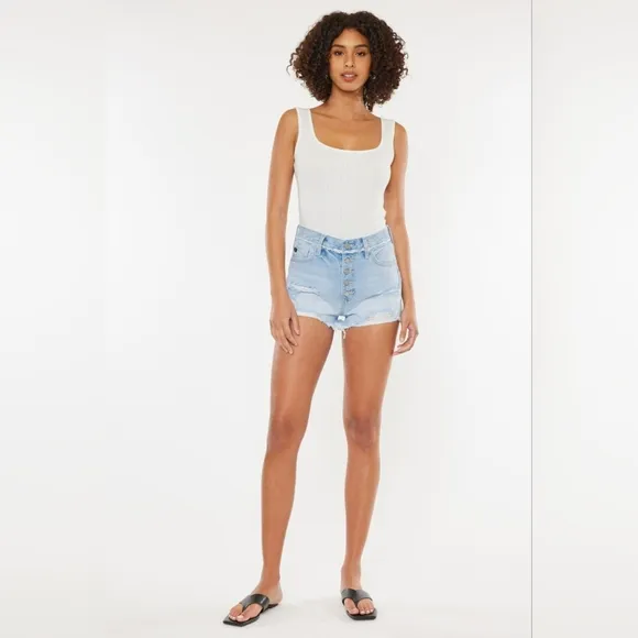 KanCan Button Fly High Rise Distressed Frayed Torn Denim Cut-Off Jean Shorts