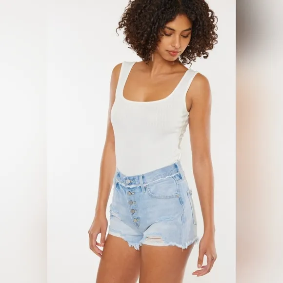 KanCan Button Fly High Rise Distressed Frayed Torn Denim Cut-Off Jean Shorts