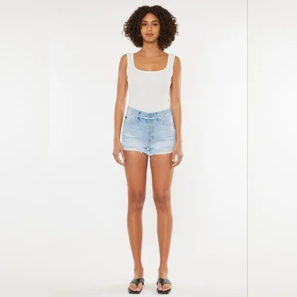 KanCan Button Fly High Rise Distressed Frayed Torn Denim Cut-Off Jean Shorts
