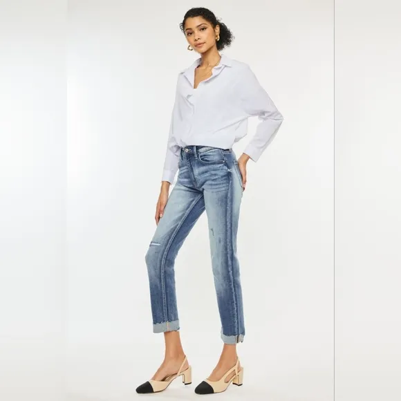 KanCan Distressed High-Rise Retro Mom Jeans Straight Leg Cuffed Raw Denim Pants
