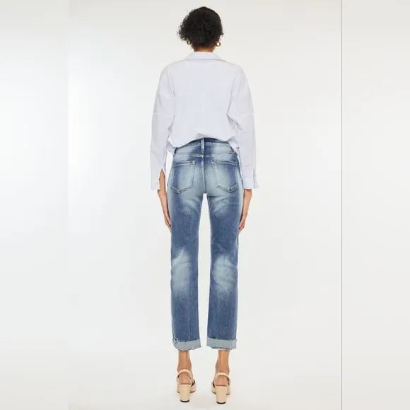 KanCan Distressed High-Rise Retro Mom Jeans Straight Leg Cuffed Raw Denim Pants