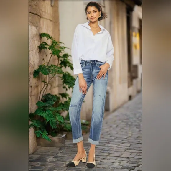 KanCan Distressed High-Rise Retro Mom Jeans Straight Leg Cuffed Raw Denim Pants