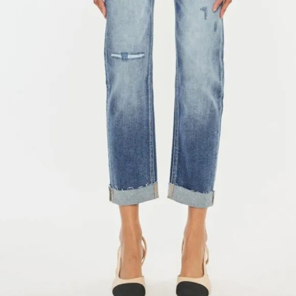 KanCan Distressed High-Rise Retro Mom Jeans Straight Leg Cuffed Raw Denim Pants