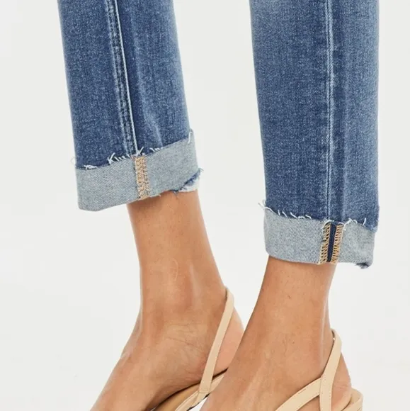 KanCan Distressed High-Rise Retro Mom Jeans Straight Leg Cuffed Raw Denim Pants