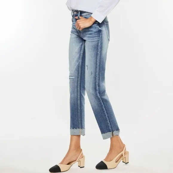 KanCan Distressed High-Rise Retro Mom Jeans Straight Leg Cuffed Raw Denim Pants