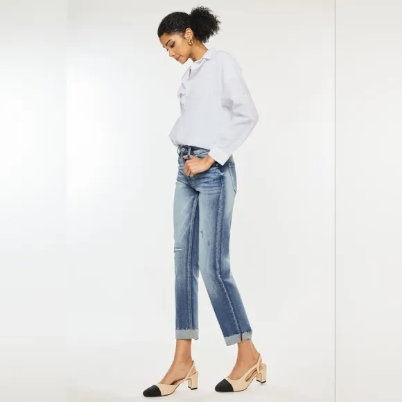 KanCan Distressed High-Rise Retro Mom Jeans Straight Leg Cuffed Raw Denim Pants
