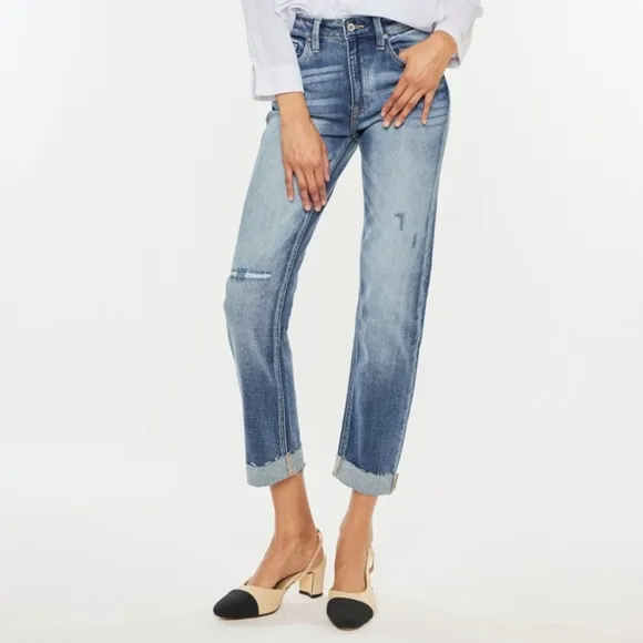 KanCan Distressed High-Rise Retro Mom Jeans Straight Leg Cuffed Raw Denim Pants