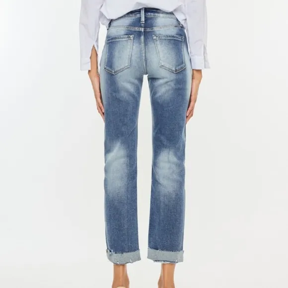 KanCan Distressed High-Rise Retro Mom Jeans Straight Leg Cuffed Raw Denim Pants