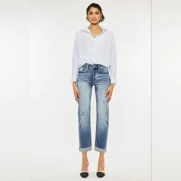 KanCan Distressed High-Rise Retro Mom Jeans Straight Leg Cuffed Raw Denim Pants