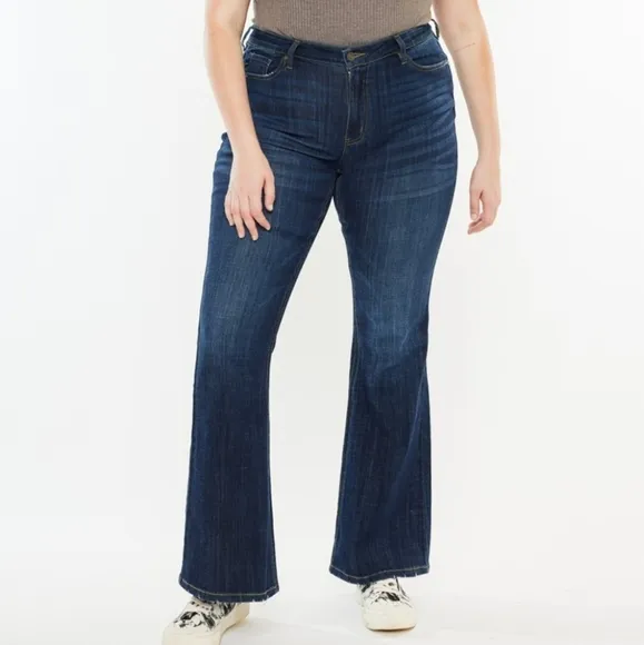 KanCan Mid-Rise Waist Slim Jeans Wide Flare Hem Retro Classic Dark Denim Pants