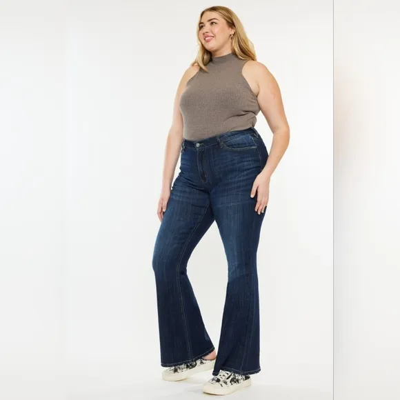 KanCan Mid-Rise Waist Slim Jeans Wide Flare Hem Retro Classic Dark Denim Pants