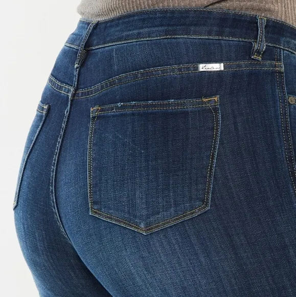 KanCan Mid-Rise Waist Slim Jeans Wide Flare Hem Retro Classic Dark Denim Pants