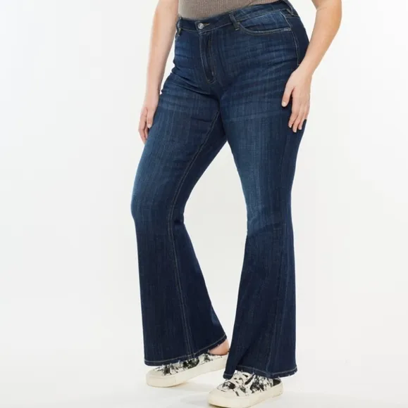 KanCan Mid-Rise Waist Slim Jeans Wide Flare Hem Retro Classic Dark Denim Pants