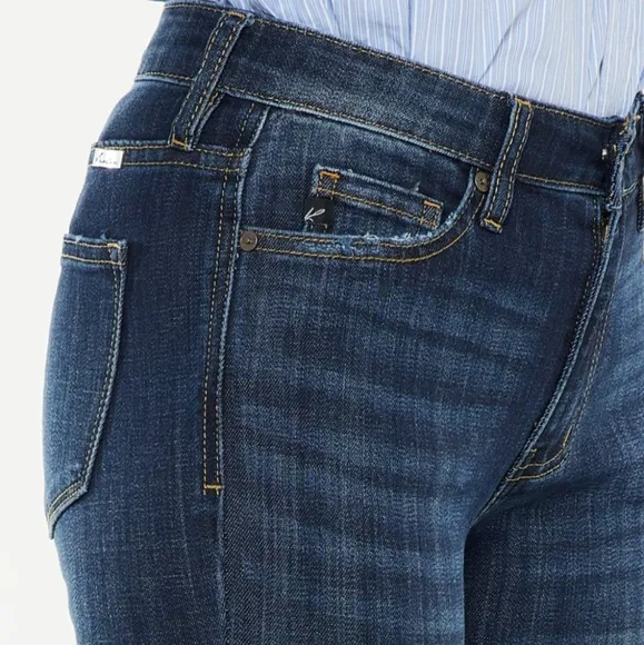 KanCan Mid-Rise Waist Slim Jeans Wide Flare Hem Retro Classic Dark Denim Pants
