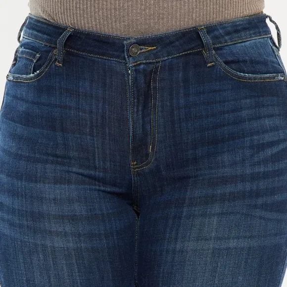 KanCan Mid-Rise Waist Slim Jeans Wide Flare Hem Retro Classic Dark Denim Pants