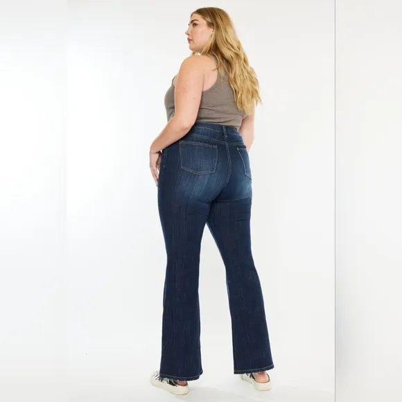 KanCan Mid-Rise Waist Slim Jeans Wide Flare Hem Retro Classic Dark Denim Pants
