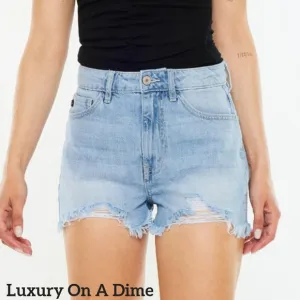 KanCan Torn High Rise Waist Denim Frayed Cut-off Hem Distressed Blue Jean Shorts