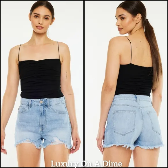 KanCan Torn High Rise Waist Denim Frayed Cut-off Hem Distressed Blue Jean Shorts