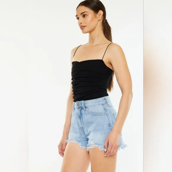 KanCan Torn High Rise Waist Denim Frayed Cut-off Hem Distressed Blue Jean Shorts