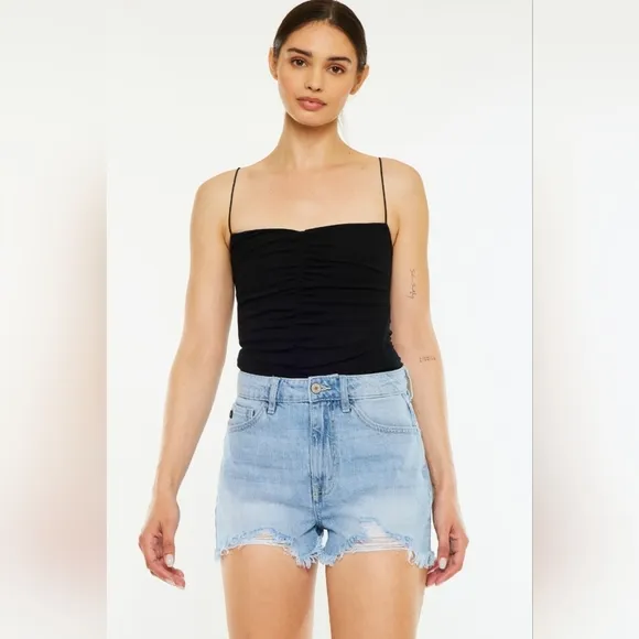 KanCan Torn High Rise Waist Denim Frayed Cut-off Hem Distressed Blue Jean Shorts