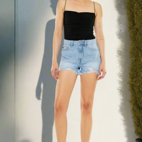 KanCan Torn High Rise Waist Denim Frayed Cut-off Hem Distressed Blue Jean Shorts